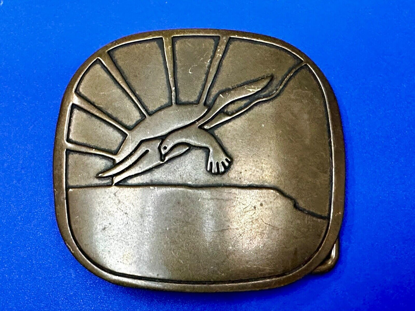 Abstract Eagle Over Sunset / Turtle Swimming Solid Brass Hippy Style Belt Buckle