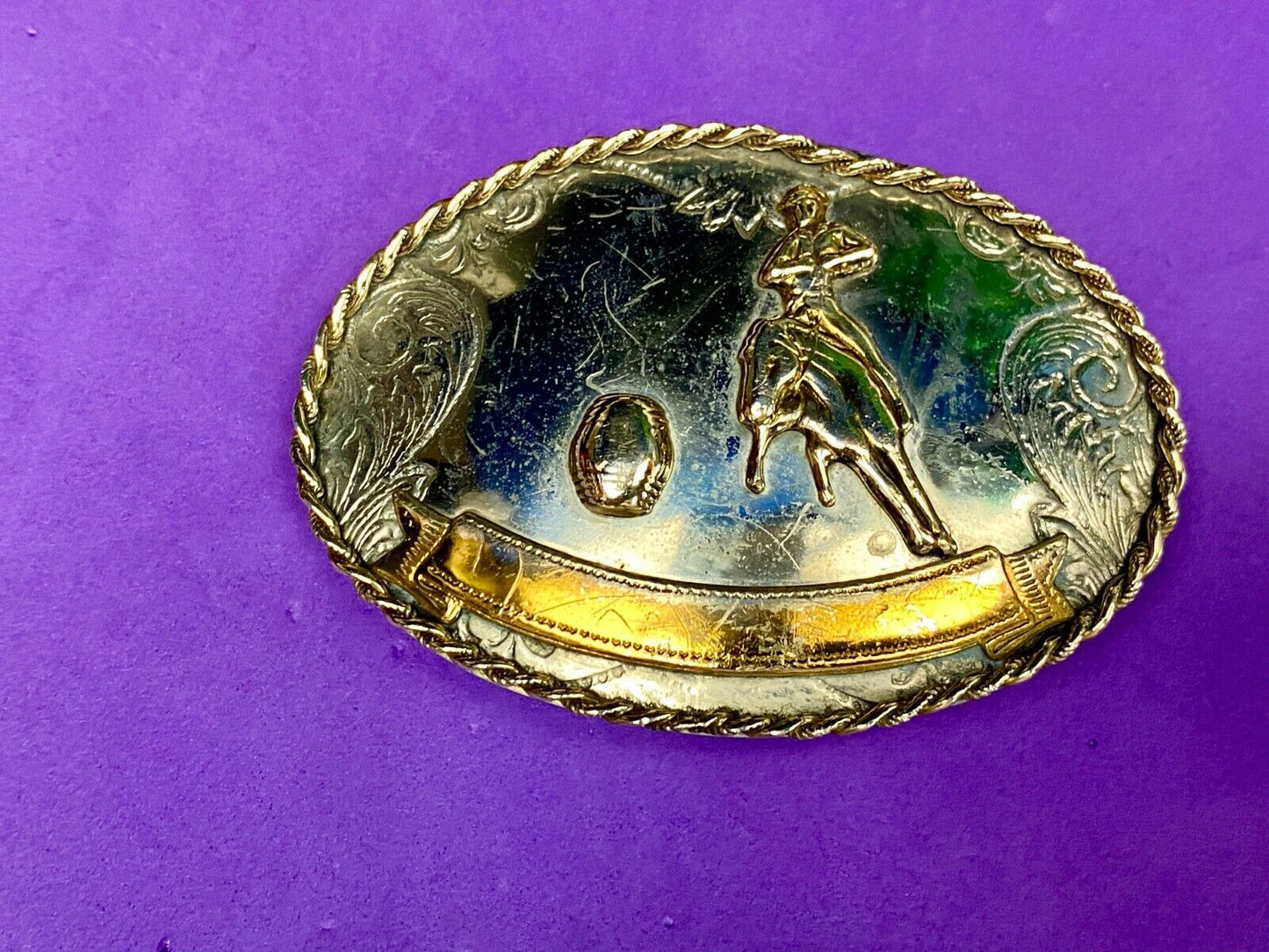 Vintage German Silver Horse Barrel Racing Western Two Tone Belt Buckle W/ Scroll