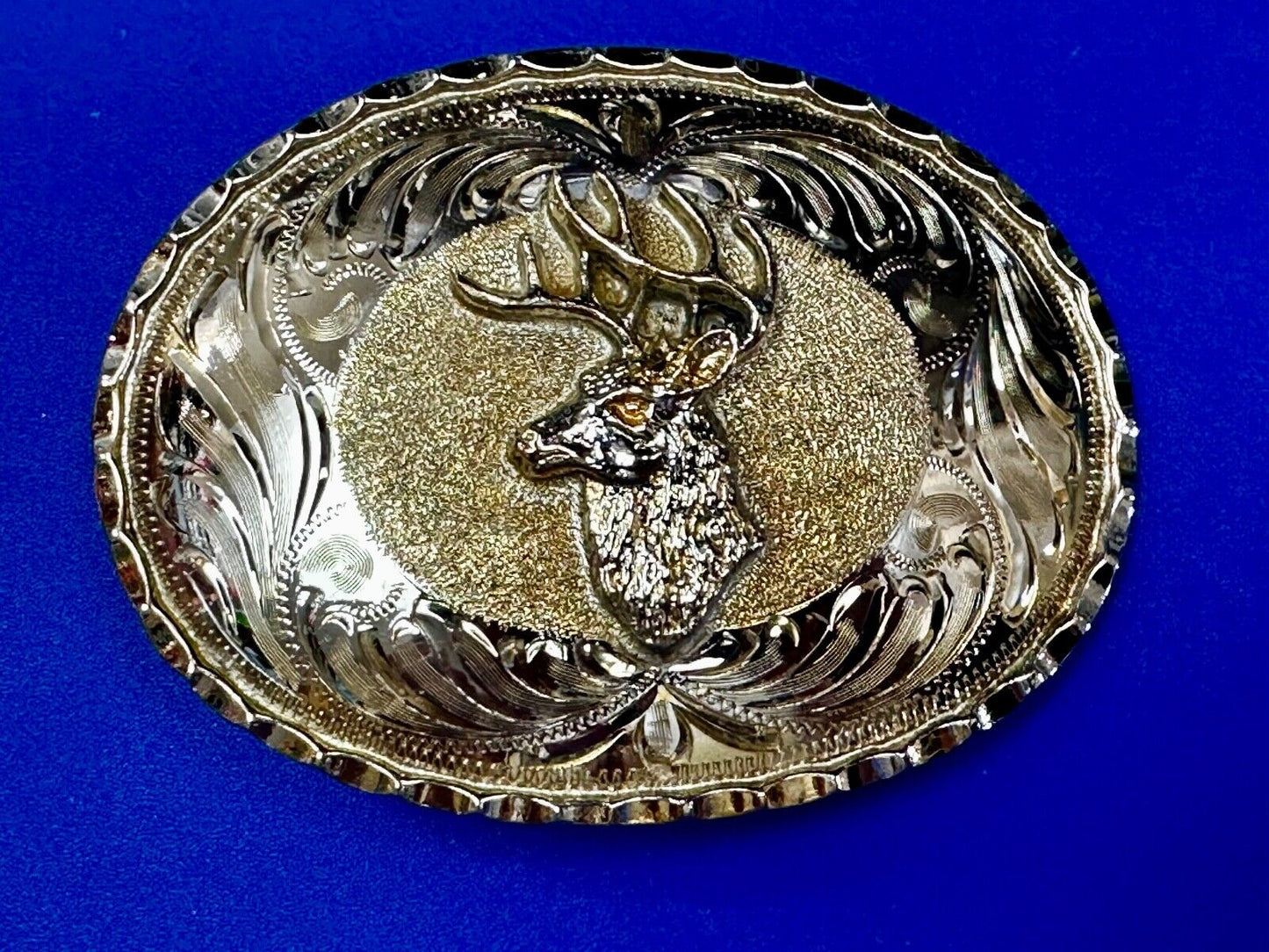 Unique Deer  Buck Elk - Ornate Alpaca Mexico Made Vintage Belt Buckle