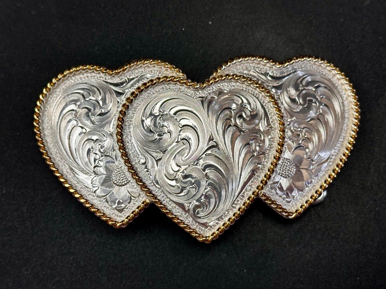 Triple 3 Hearts  Etched Floral Vintage Large Montana Silversmiths Belt Buckle