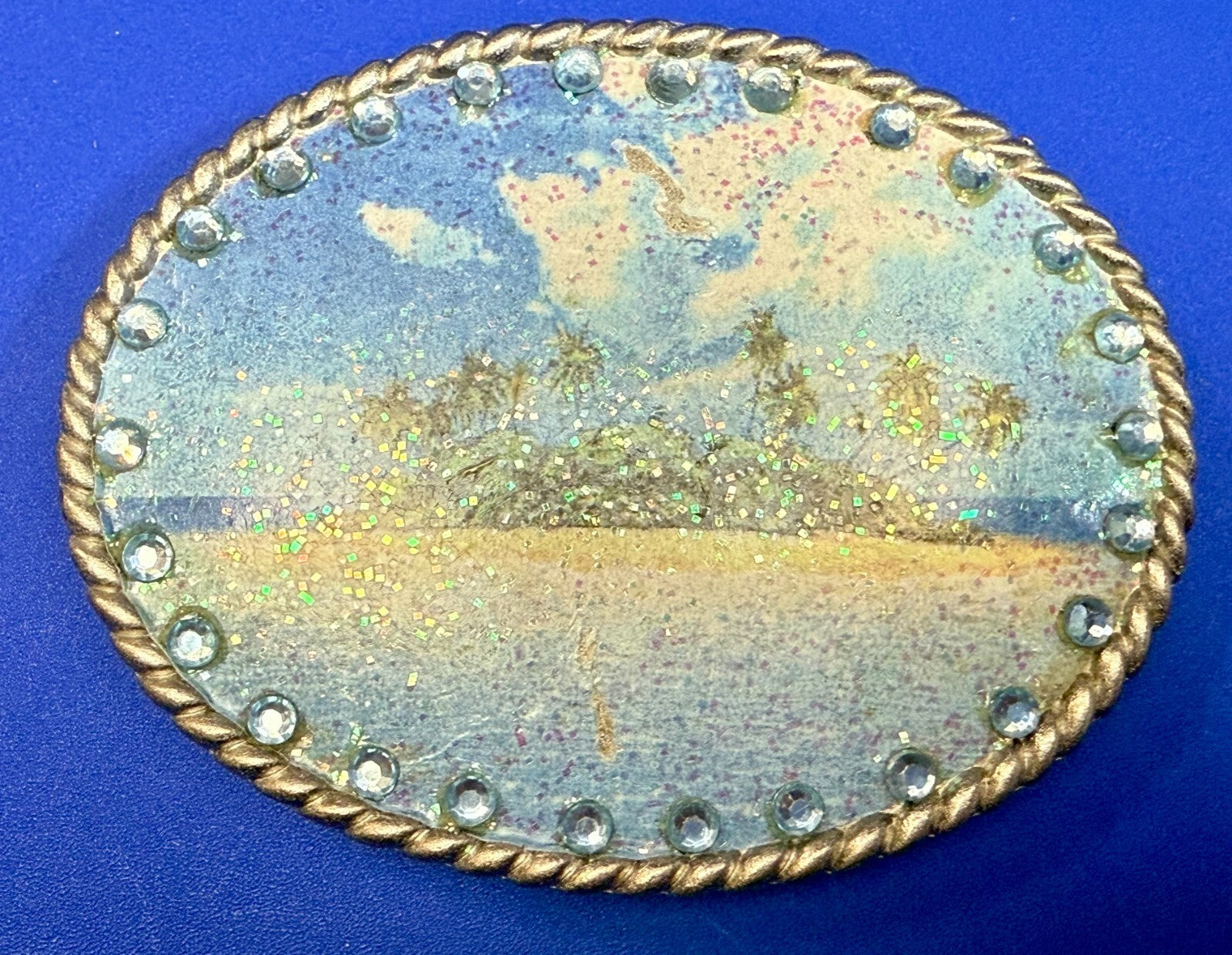 Tropical Island Paradise Picture Vintage Rhinestone Border Oval Belt Buckle