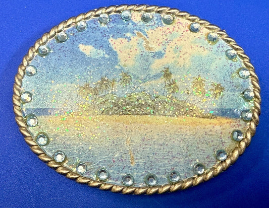 Tropical Island Paradise Picture Vintage Rhinestone Border Oval Belt Buckle