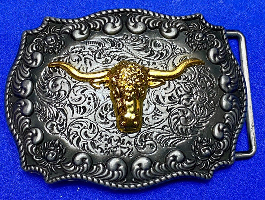 Texas longhorn western raised steer cow two tone 3.5" wide belt buckle