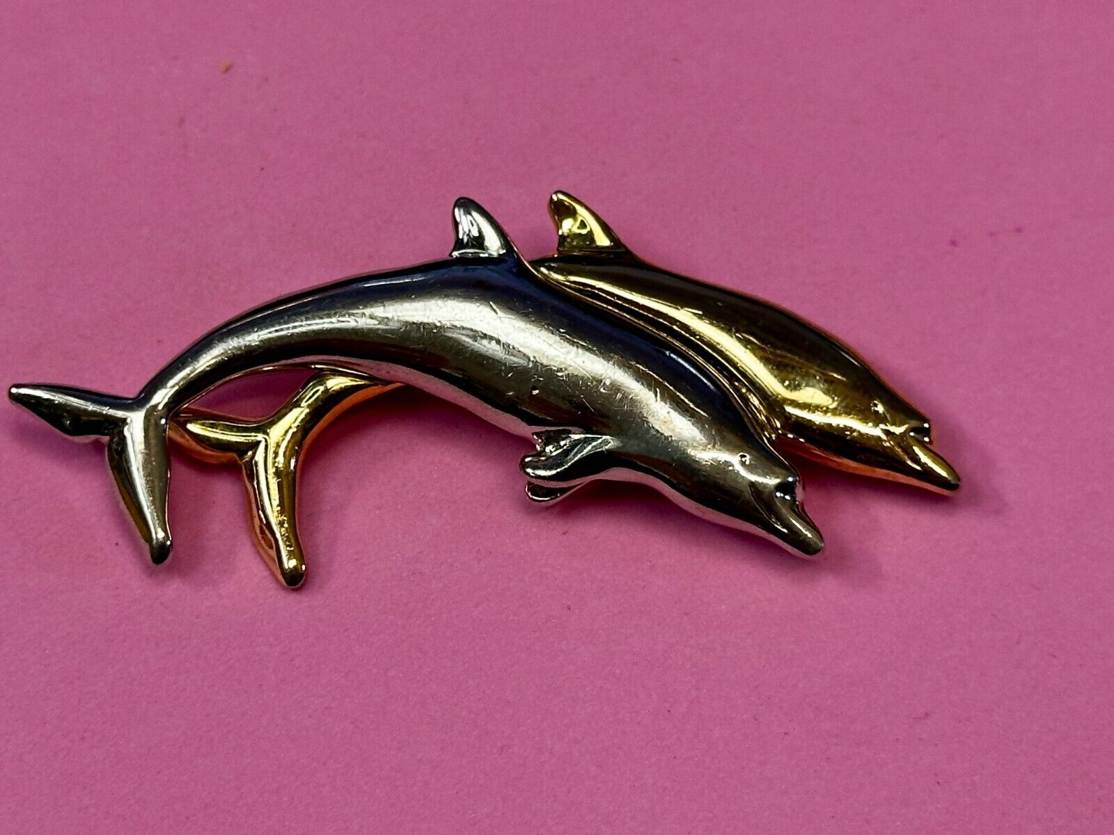 Two Dolphins Silver & Gold Tone Vintage Brooch Pin Signed Liz Claiborne