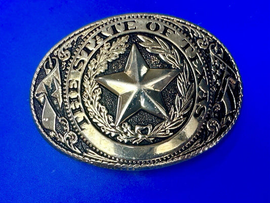 The Great State of Texas Star & Flag gold & black color USA made belt buckle