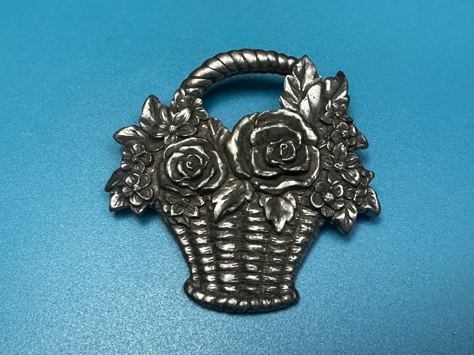 Vintage 1980's Flower Basket Floral Pewter Brooch Pin Signed Seagull Canada