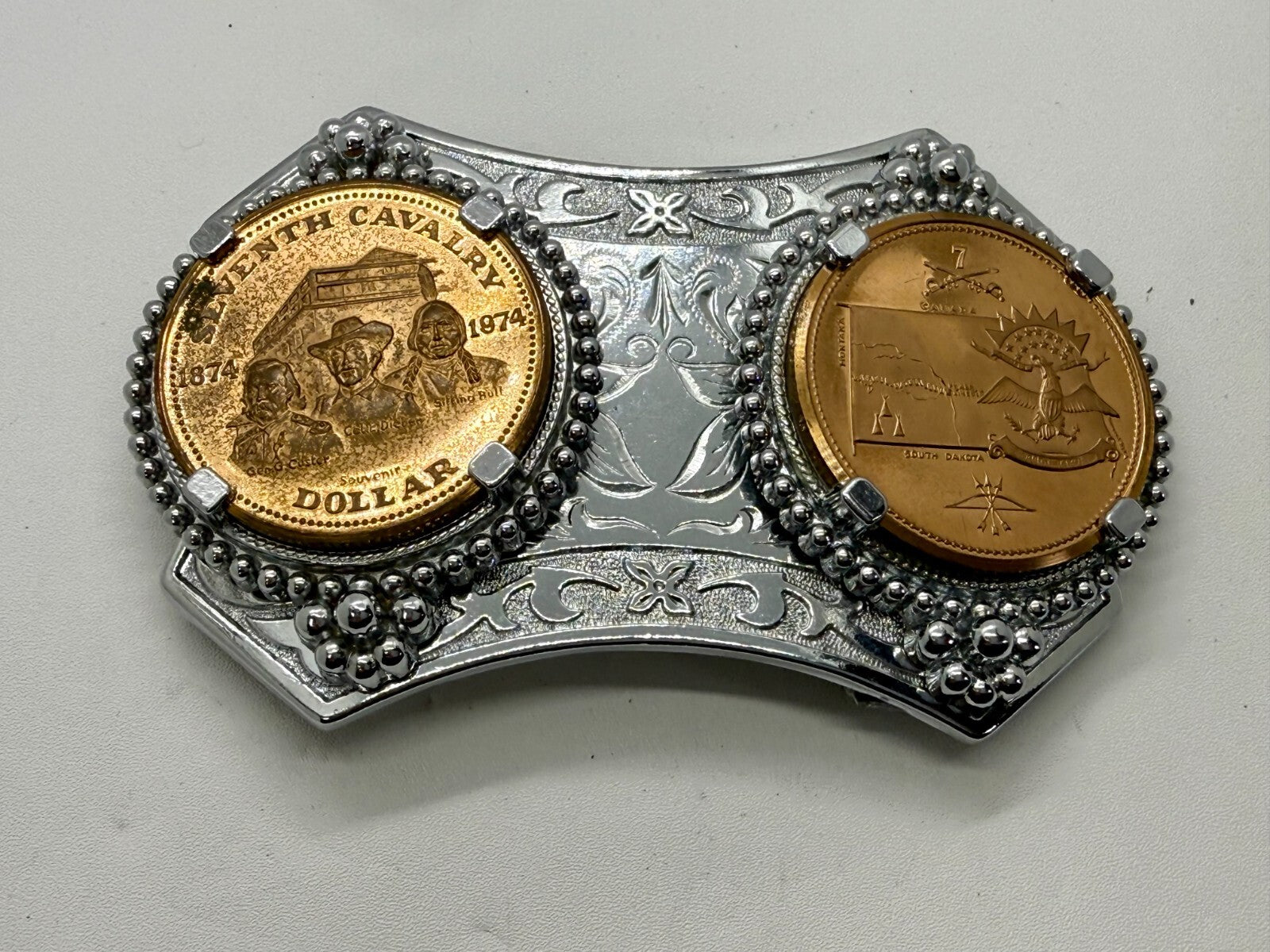 Two Seventh Cavalry Tokens Medallions in Dual Coin Collectors Belt Buckle
