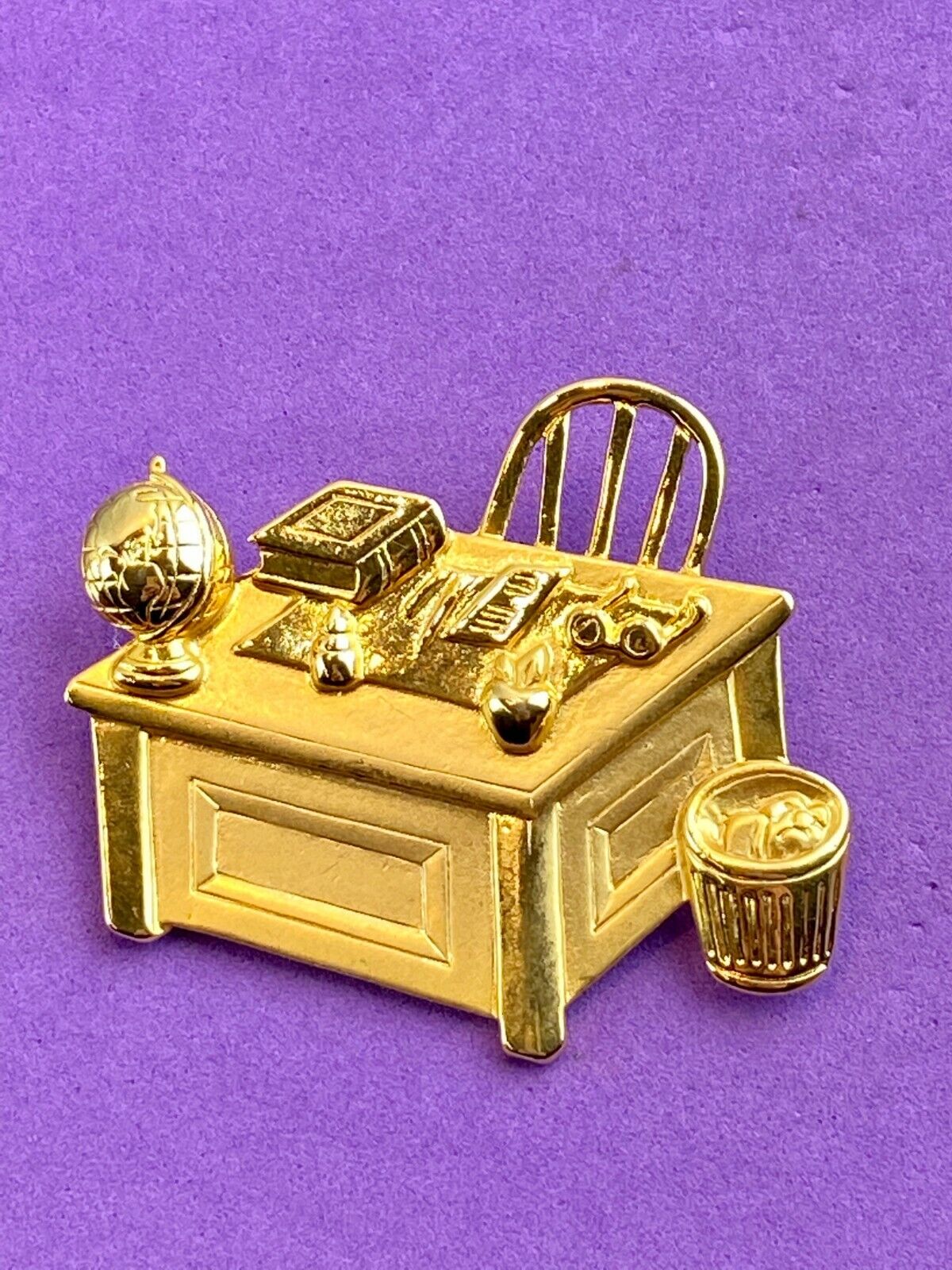 Teacher's Desk Chair Book Apple Globe Gold-Tone Metal Brooch  by JJ 