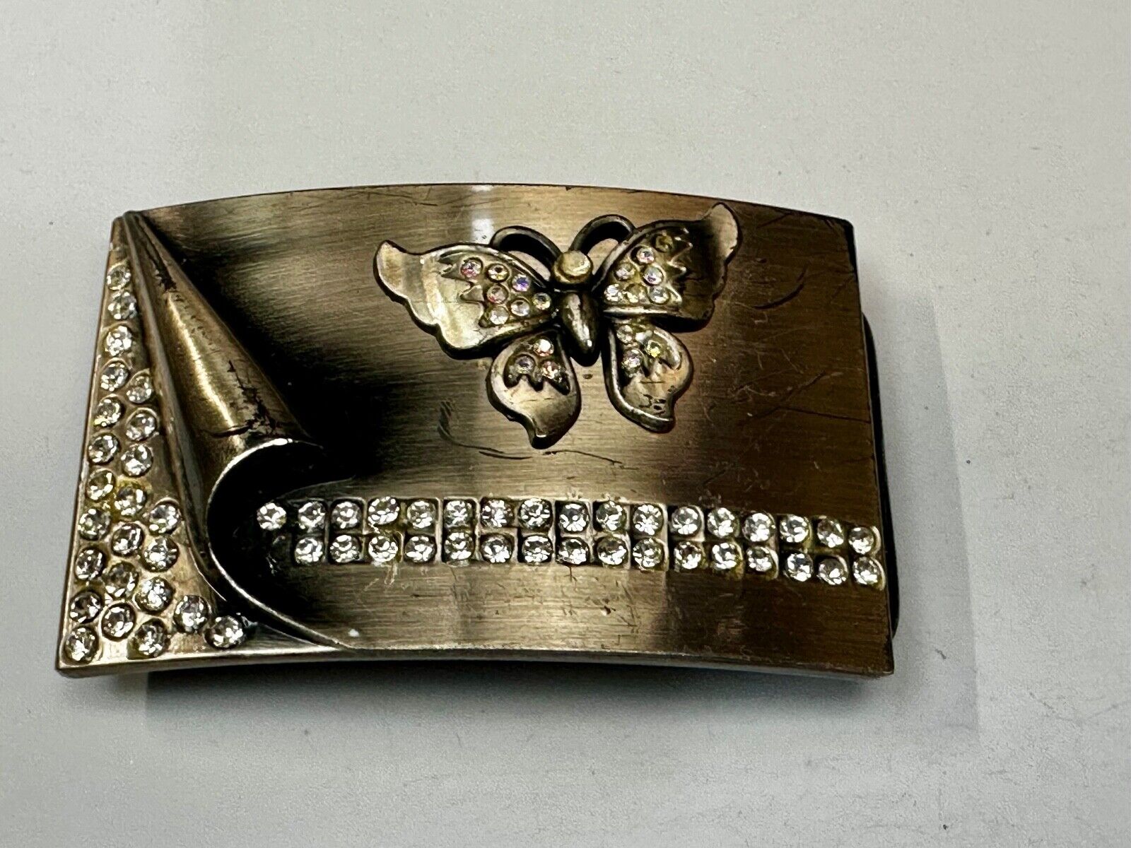 Unique Butterfly Theme Rhinestone Accented Vintage Silver Tone Belt Buckle
