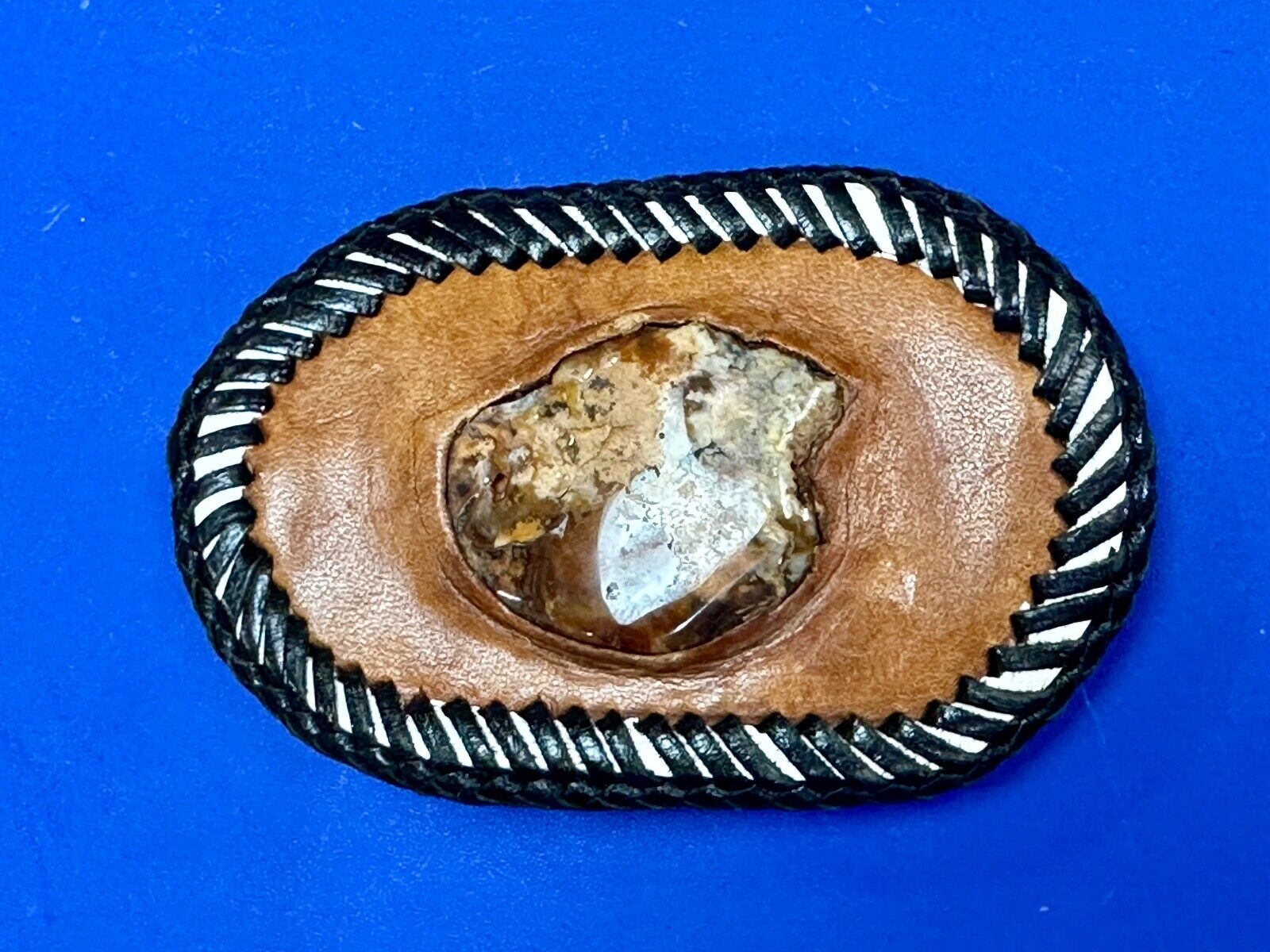 Vintage leather & stone? hand stitched belt buckle