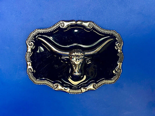 Black And Silver Color Texas Longhorn Western Framed Belt Buckle