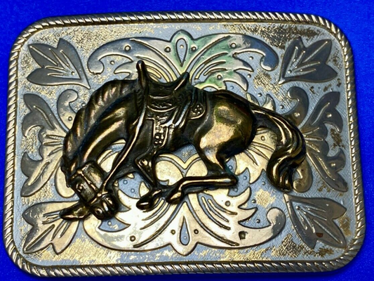 Vintage  End Of The Trail Horse Gold And White Color Flower Swirl Belt Buckle
