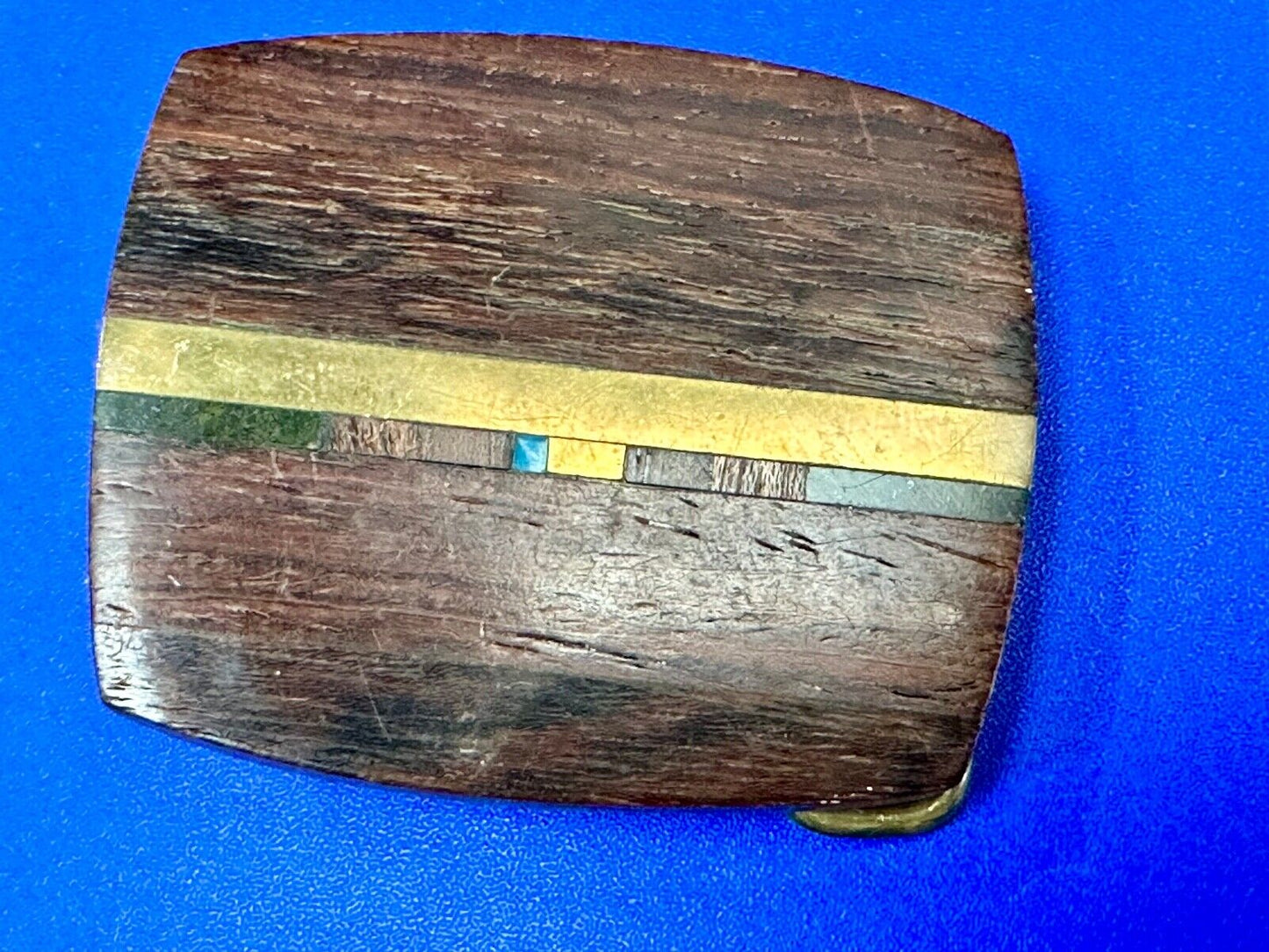 turquoise and solid brass inlay to exotic wood Scorpion Products Div belt buckle