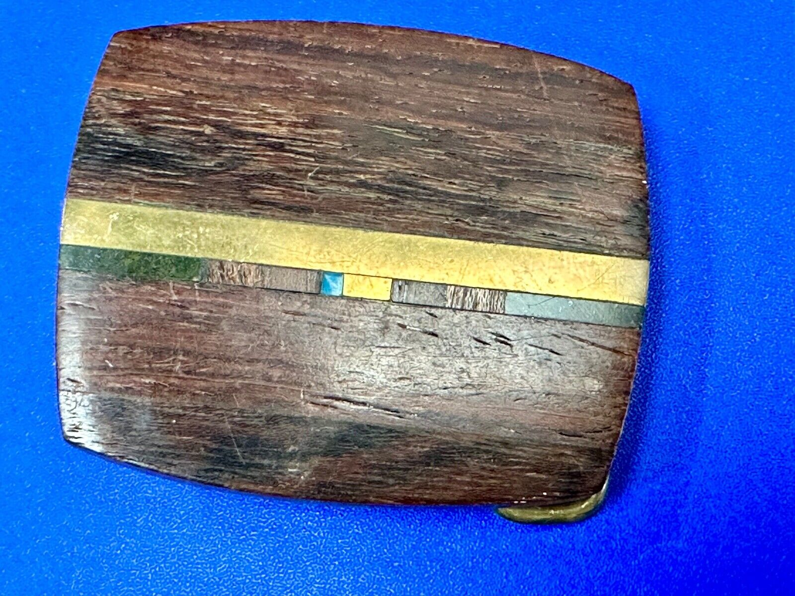 turquoise and solid brass inlay to exotic wood Scorpion Products Div belt buckle