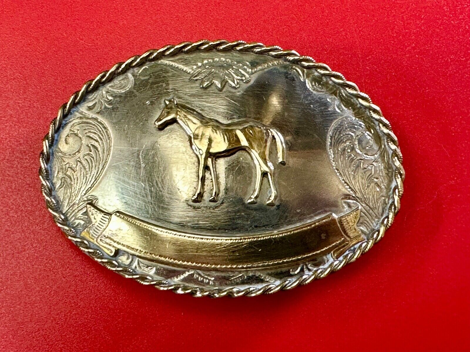 Vintage German Silver Standing Horse Engravable Trophy Award scroll belt buckle