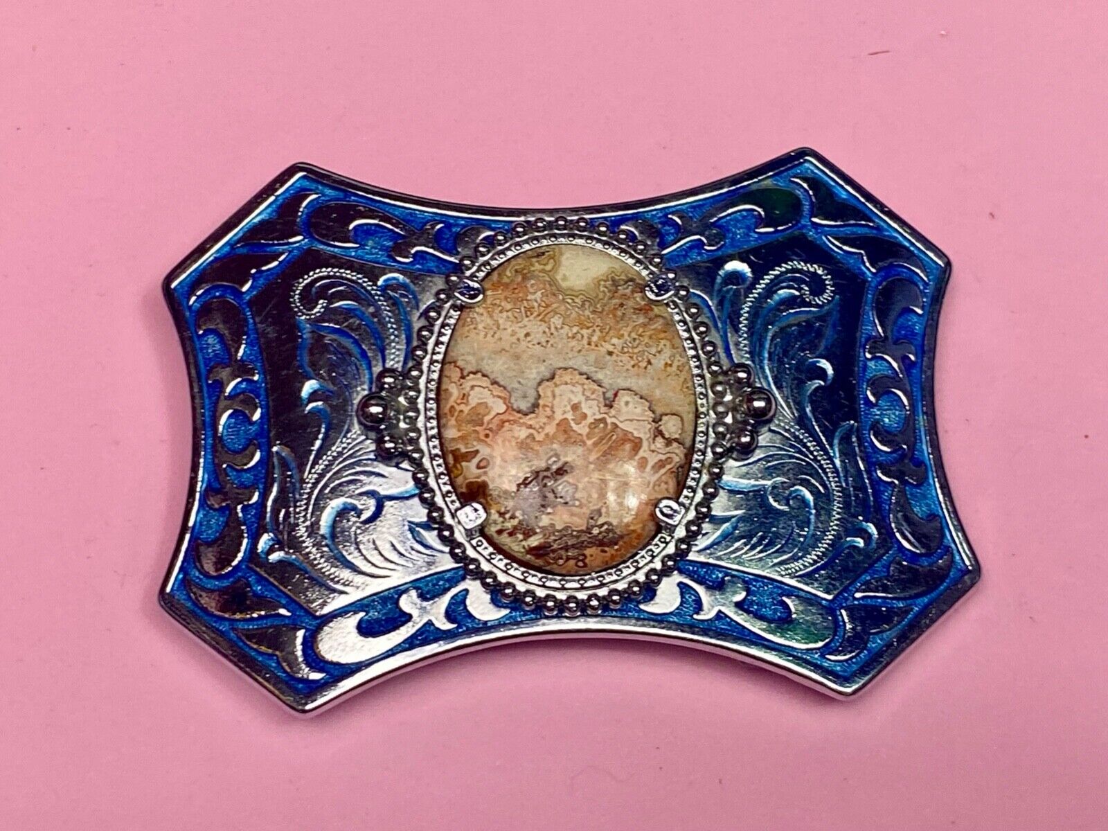 Unique Oval Cabochon Stone Centerpiece On Silver & Blue Color Belt Buckle