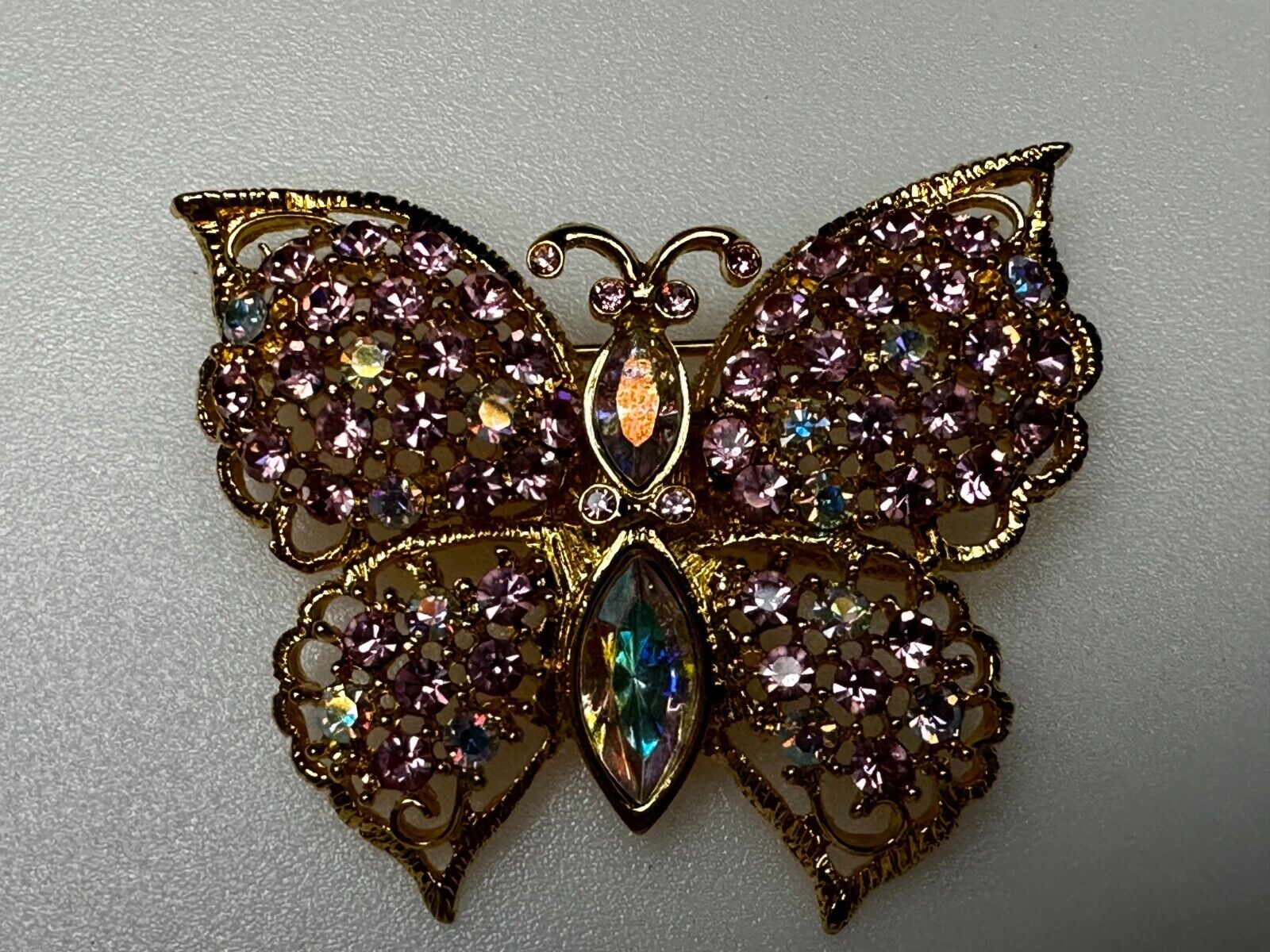 Aurora Borealis Butterfly Jeweled Insect Figural Brooch Pin Signed By Graziano