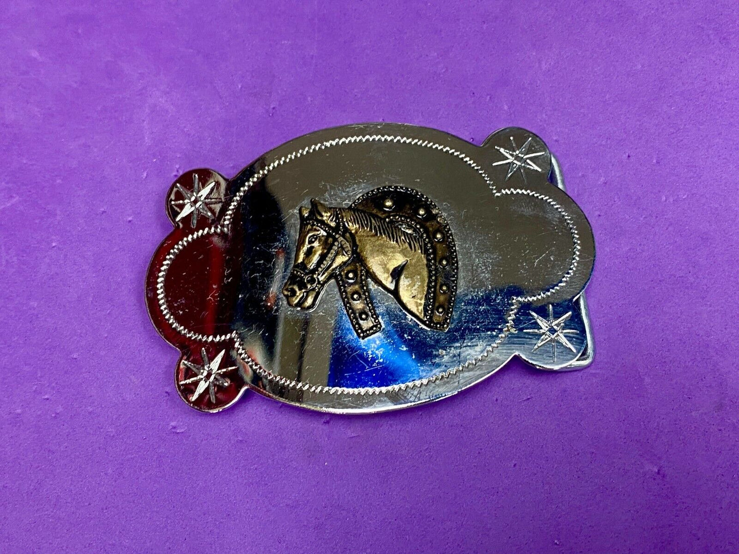 Vintage Horse Head Through Lucky Horseshoe Reflective Belt Buckle
