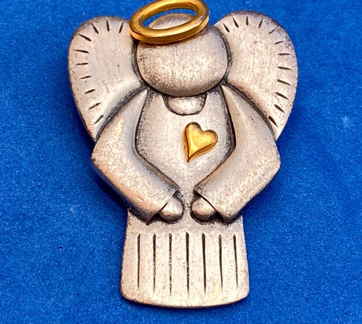 Angels Watch Over Me Pewter Two tone Halo &Heart  Brooch Pin Costume Jewelry