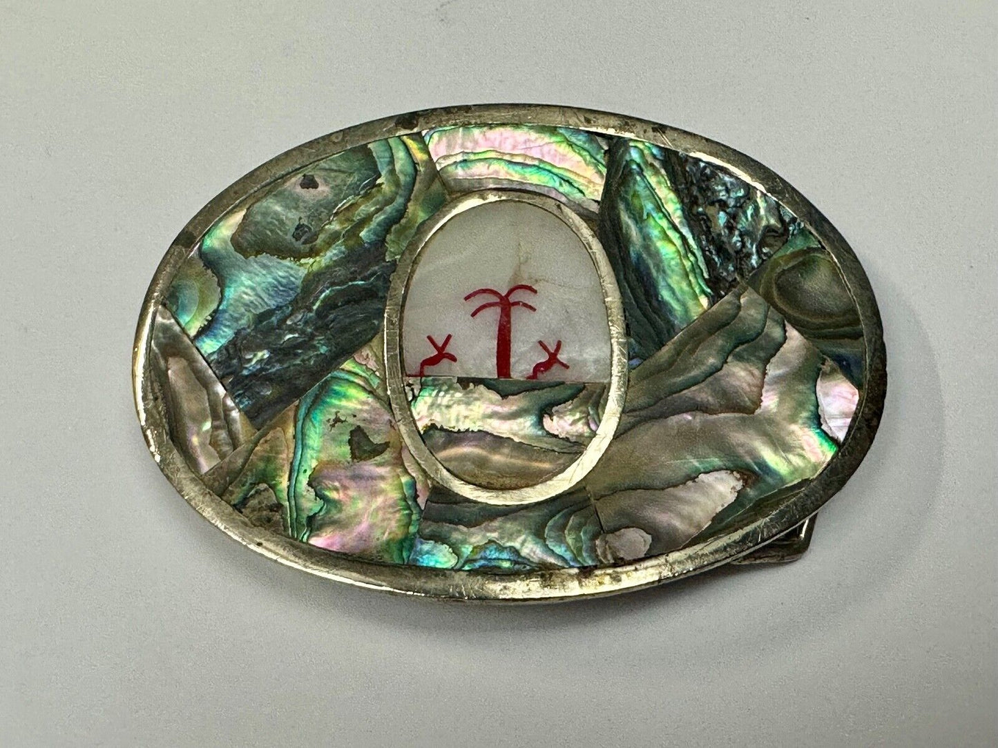 Abalone Shell Ocean Theme Palm Trees  3.5" wide Oval belt buckle from Mexico