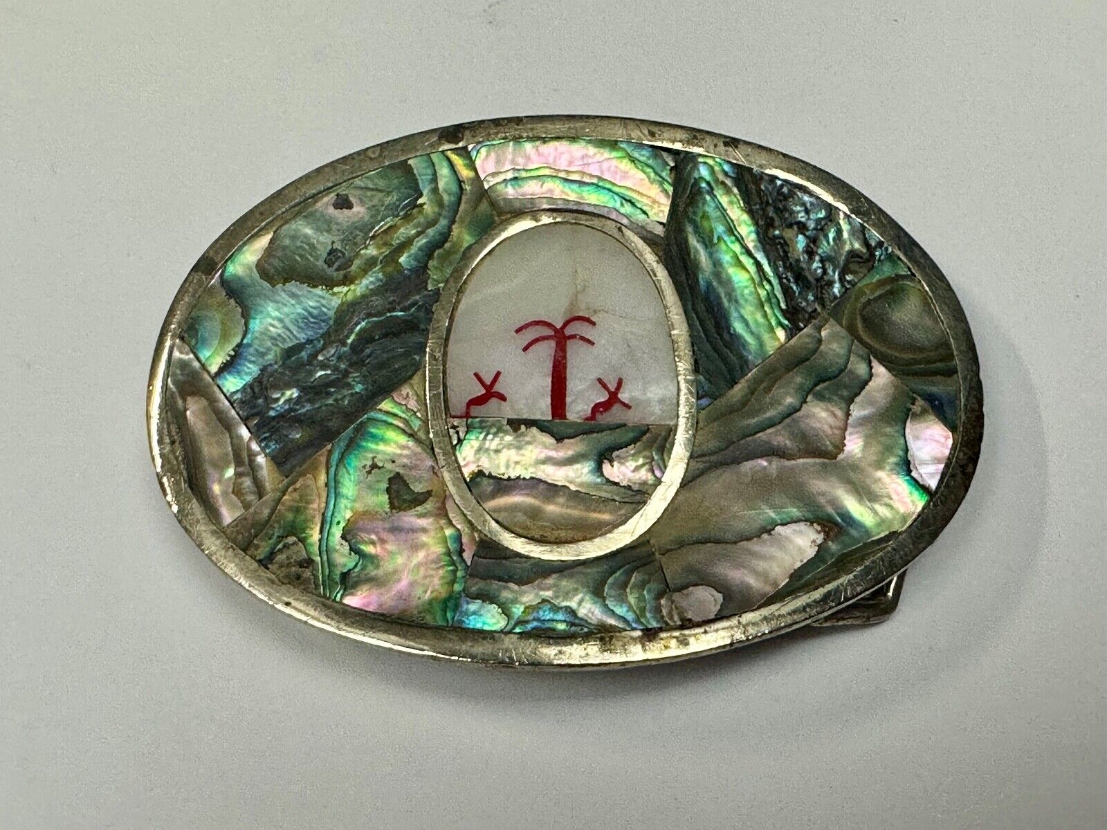 Abalone Shell Ocean Theme Palm Trees  3.5" wide Oval belt buckle from Mexico