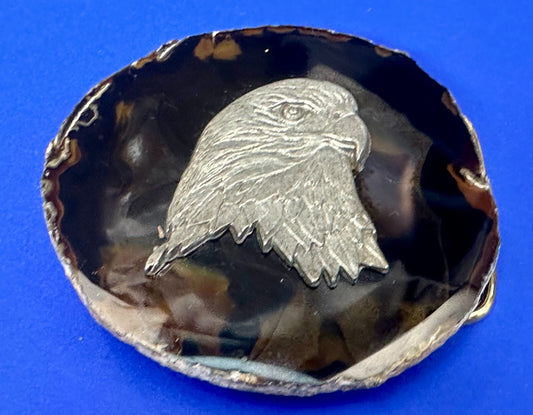 American Bald Eagle Head Carved Metal on Natural Stone Vintage Belt Buckle