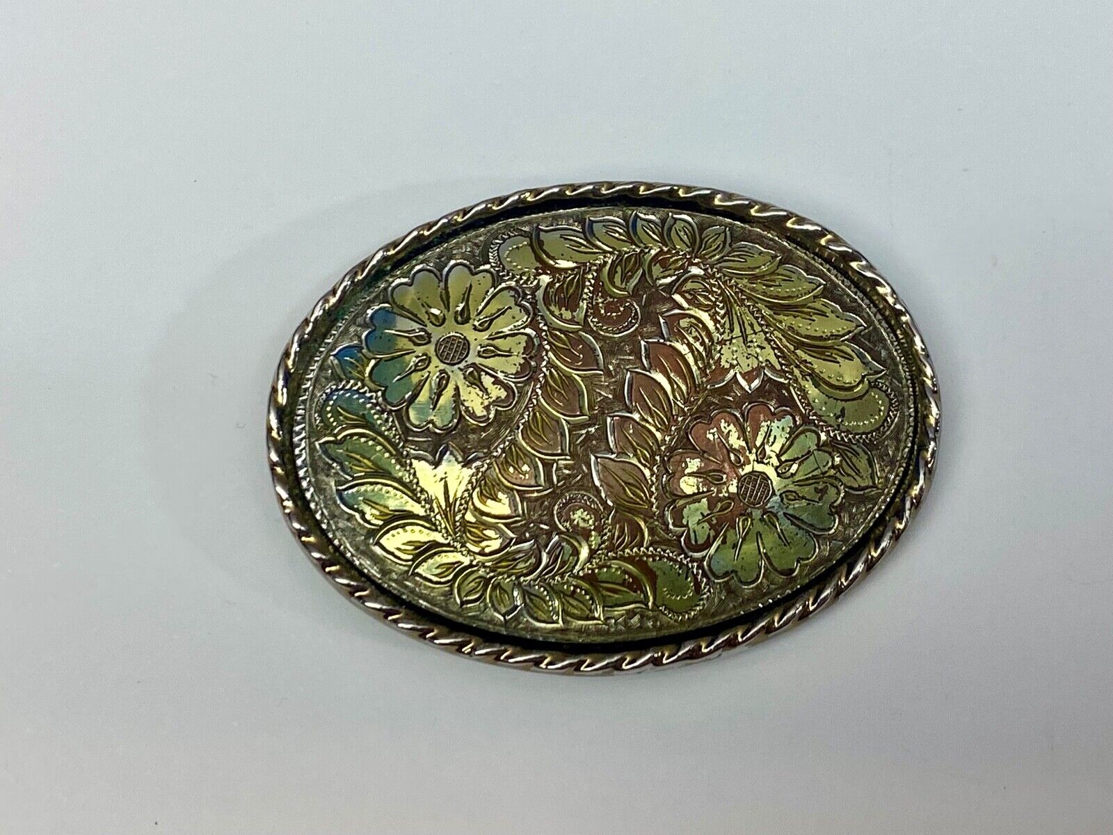 Vintage Etched? Mixed Metal Western flower oval belt buckle marked W 