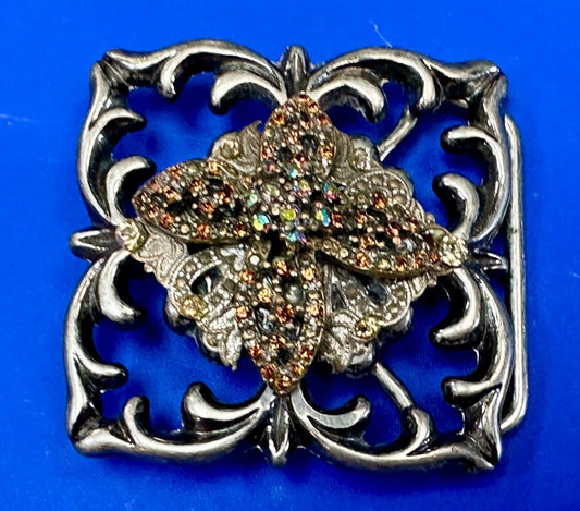 Artisan unique rhinestone mixed media see through silver tone belt buckle