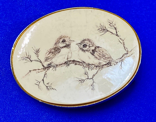 Two adorable baby birds on tree branch ART drawing Vintage Barlow belt buckle