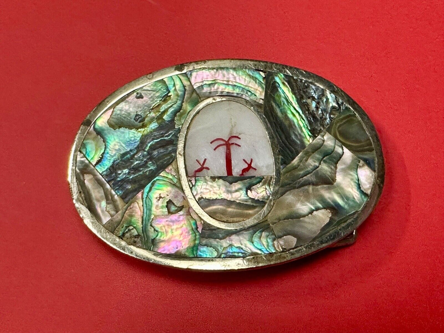 Abalone Shell Ocean Theme Palm Trees  3.5" wide Oval belt buckle from Mexico