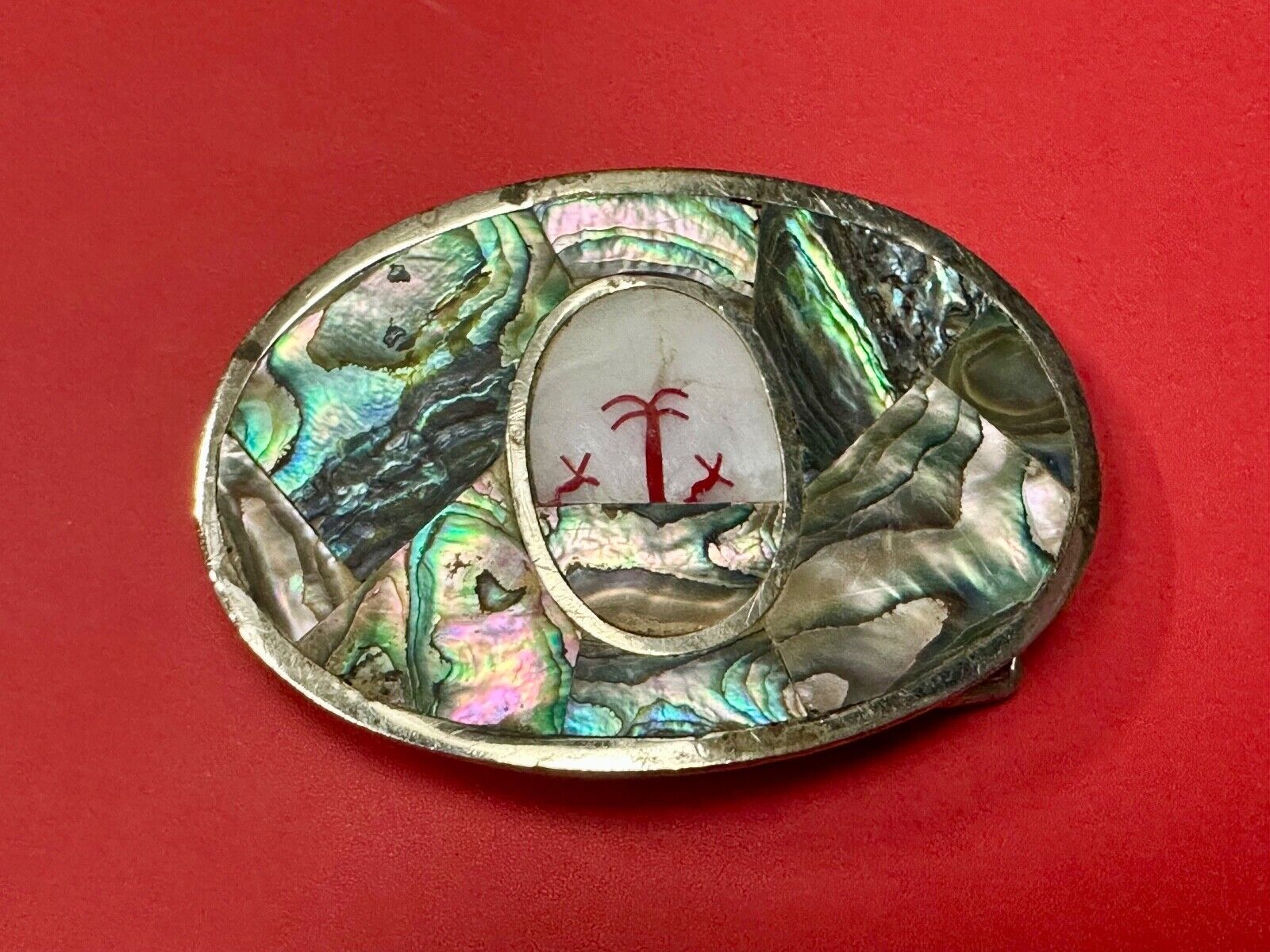 Abalone Shell Ocean Theme Palm Trees  3.5" wide Oval belt buckle from Mexico