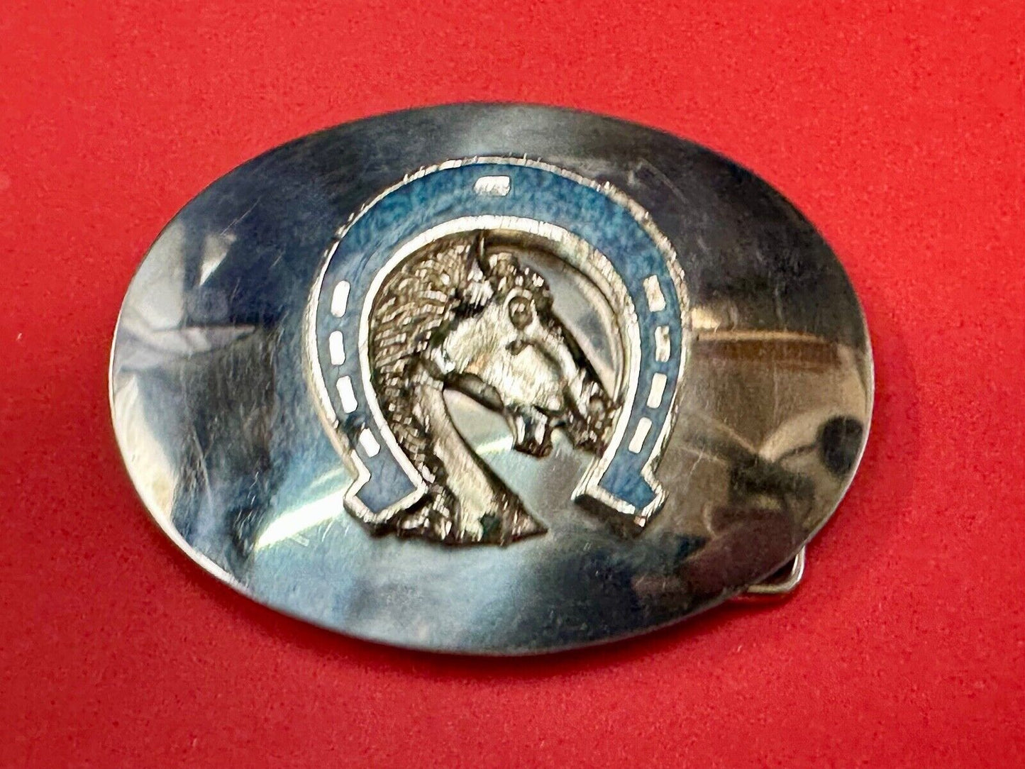 Vintage horse head bust in turquoise chip horseshoe on western belt buckle