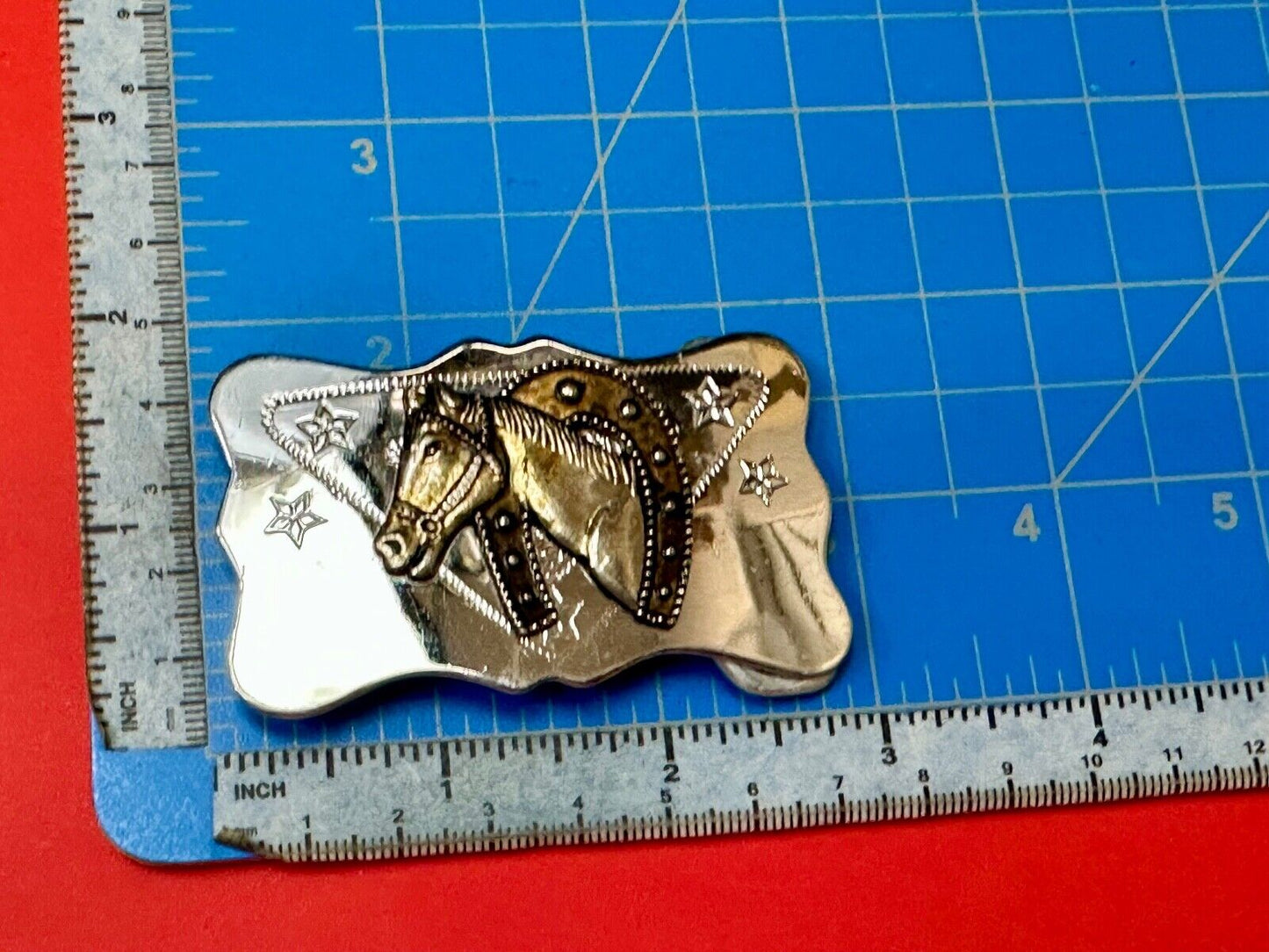 Vintage Horse head through horseshoe on reflective two tone belt buckle