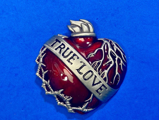 TRUE LOVE - Figural Beating Heart red & Grey barbed wire belt buckle 