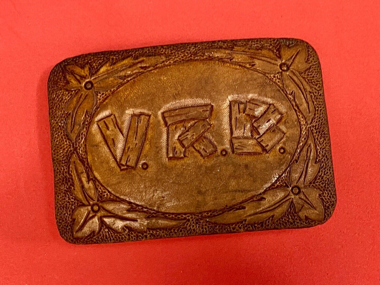 Vintage Initials Letters Vrb Log Style On Leather And Brass Belt Buckle 