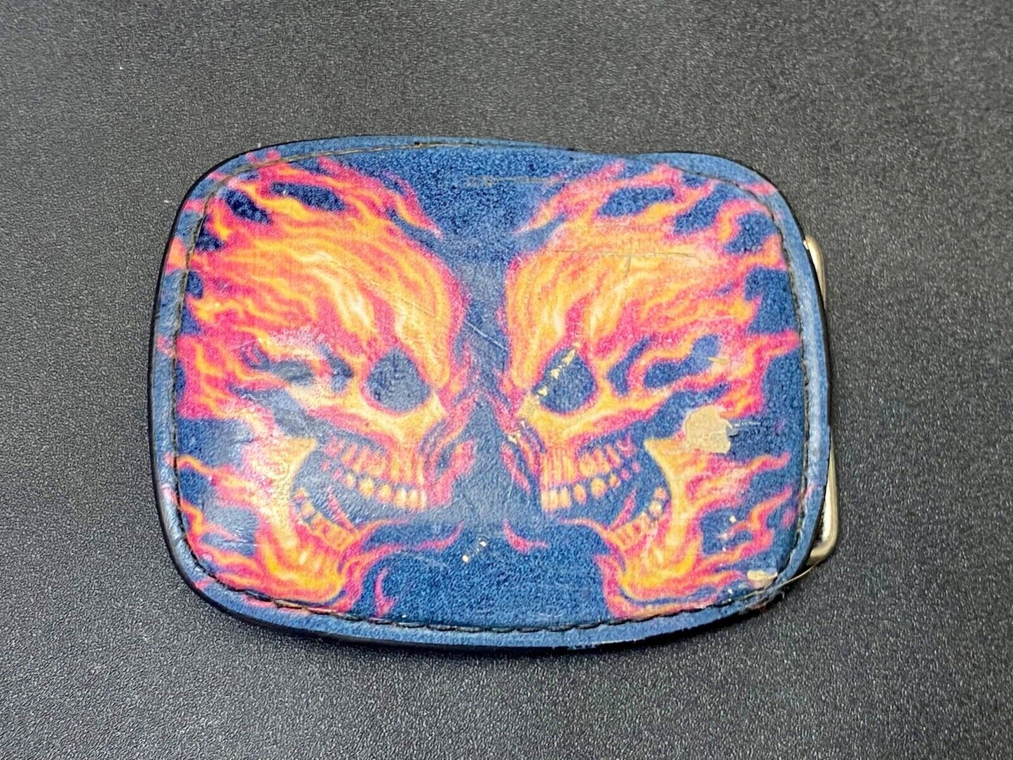 Two Flaming Skulls Heads Facing Each Other Black Belt Buckle