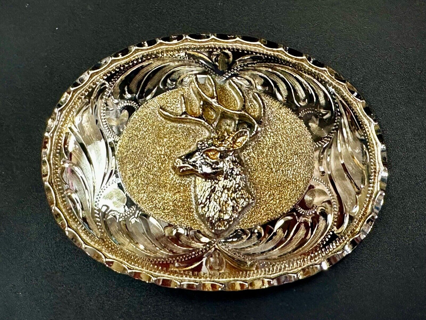 Unique Deer  Buck Elk - Ornate Alpaca Mexico Made Vintage Belt Buckle