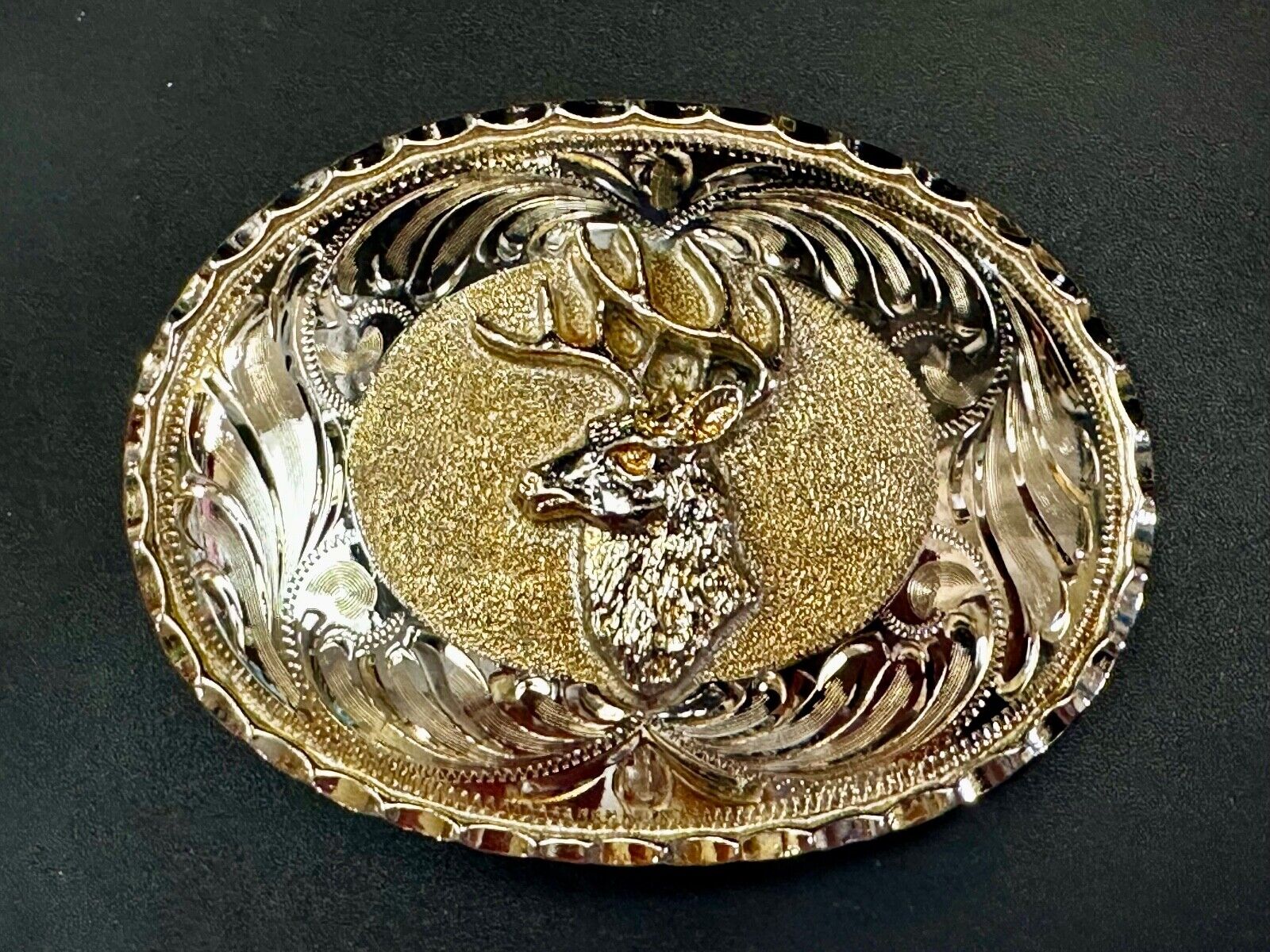 Unique Deer  Buck Elk - Ornate Alpaca Mexico Made Vintage Belt Buckle