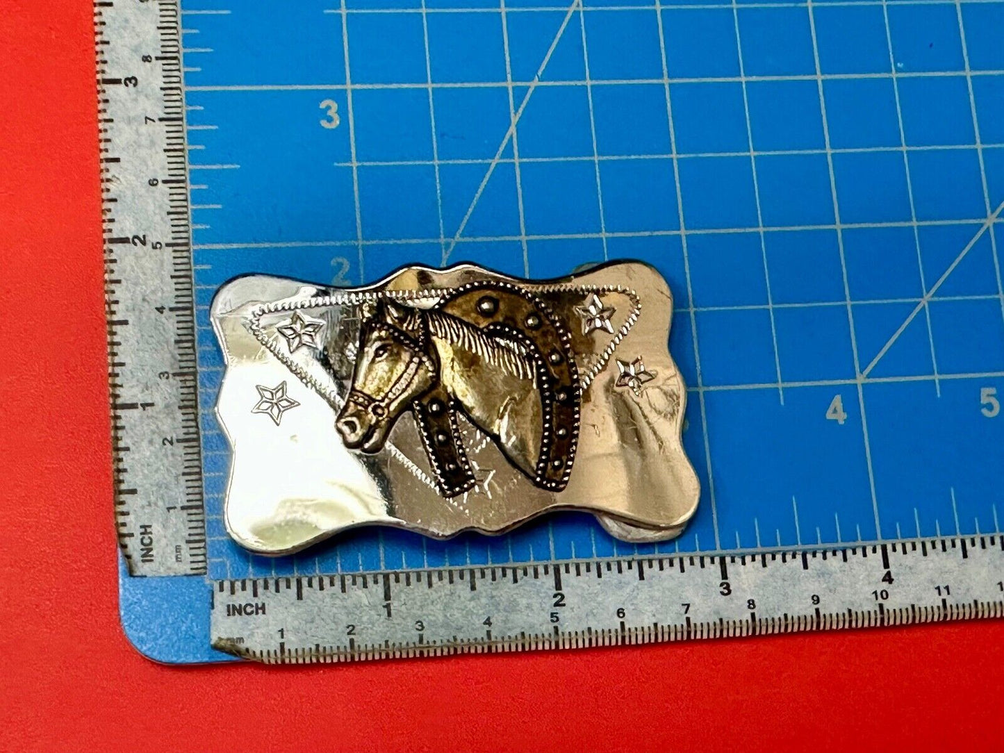 Vintage Horse head through horseshoe on reflective two tone belt buckle