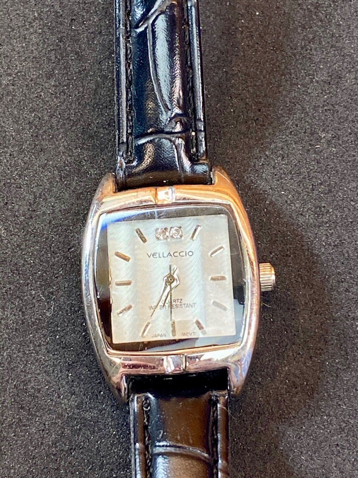 VELLACCIO watch - silver tone square face Diamond accent! black leather band