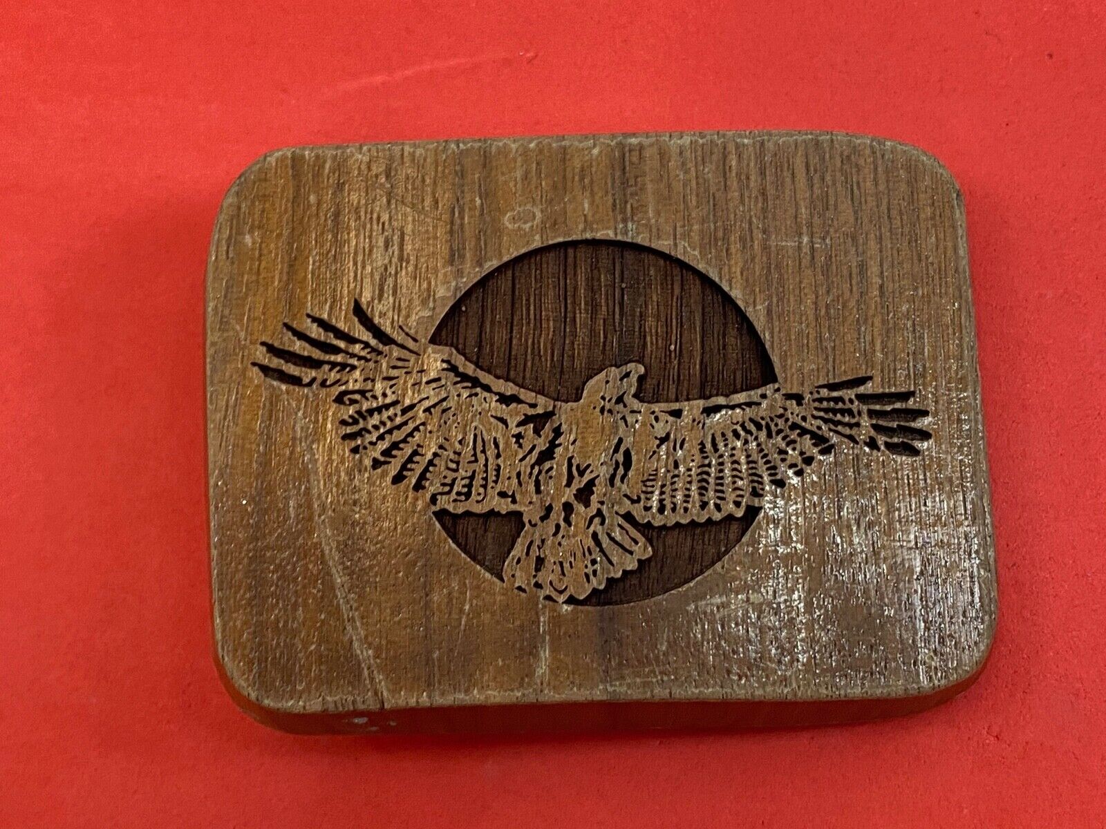 Vintage LASERCRAFT wooden belt buckle - The American Bald Eagle - Flying Wings 