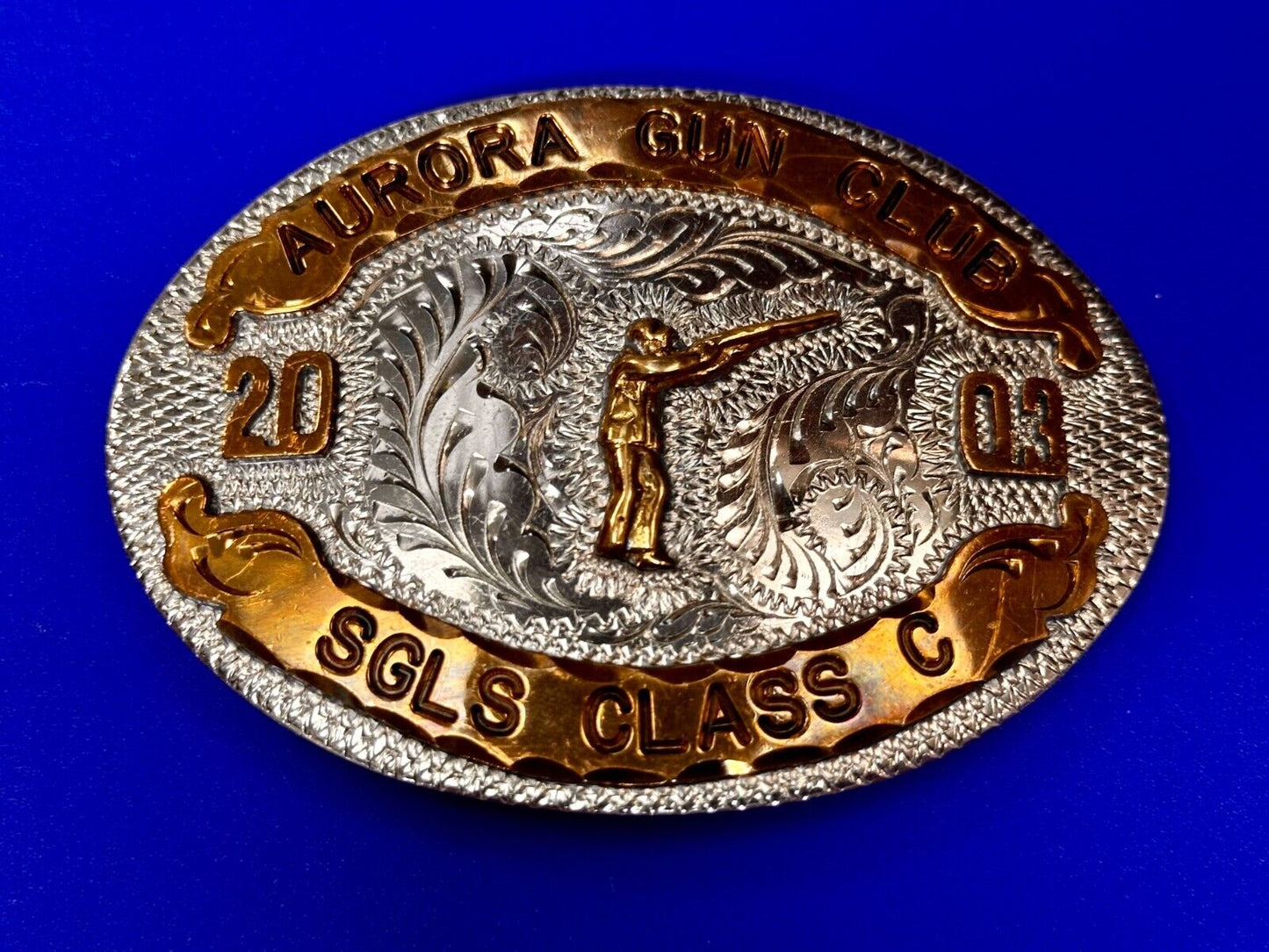 Aurora Gun Club Singles Class C 2003 Defensive Pistol Trophy Award Belt Buckle