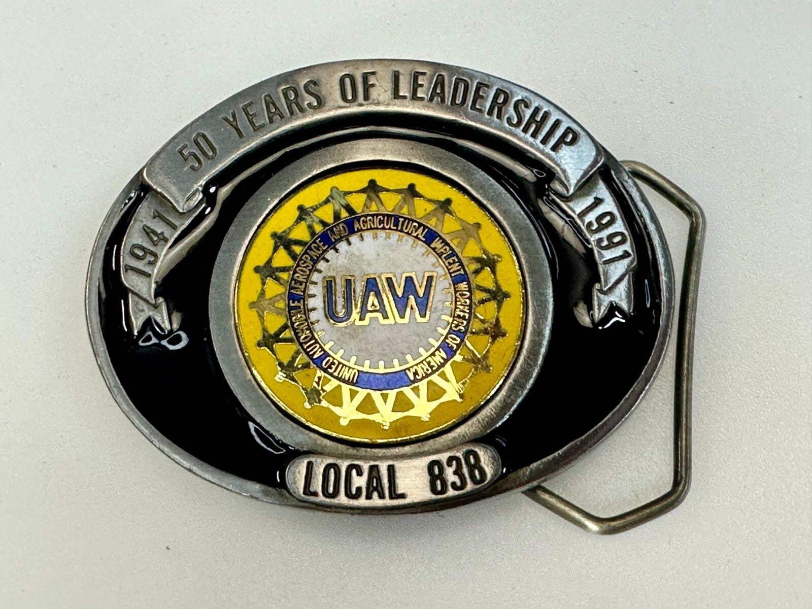 AUW United Auto Workers Local 838 50 Years of Leadership 1941-1991 Belt Buckle
