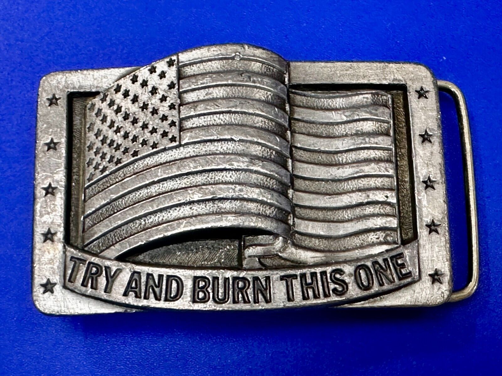 Try And Burn This One Patriotic American Flag USA Vintage 1990 Belt Buckle by CJ