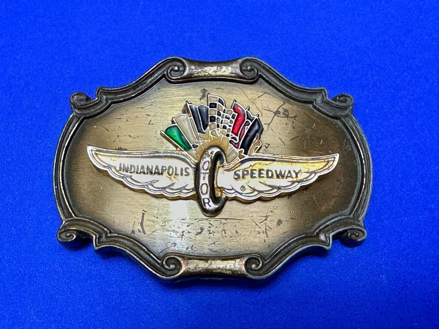 Vintage Indianapolis 500 speedway western framed belt buckle by Raintree
