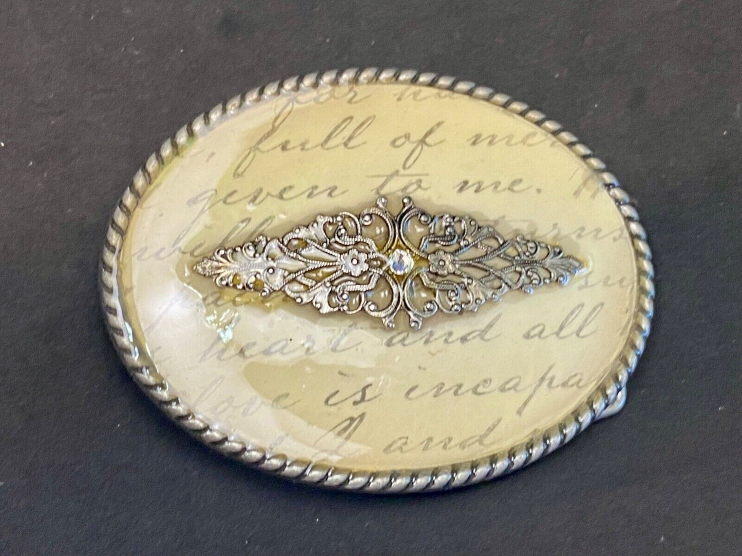 Vintage Ivan Oval Words Poem Belt Buckle With Gold Tone Centerpiece Belt Buckle