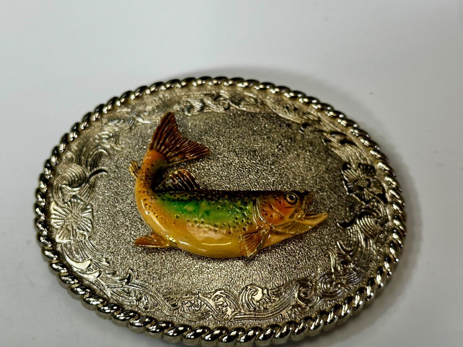 Trout Fish Fisherman Gift Vintage 1978 Oval Belt Buckle by Rain Tree