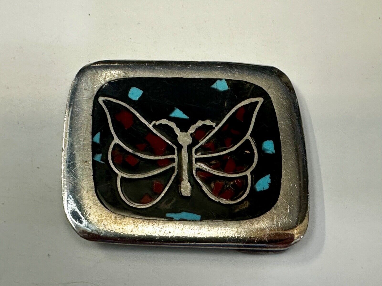 Artisan Butterfly in resin with Turquoise and coral colored chips Belt Buckle