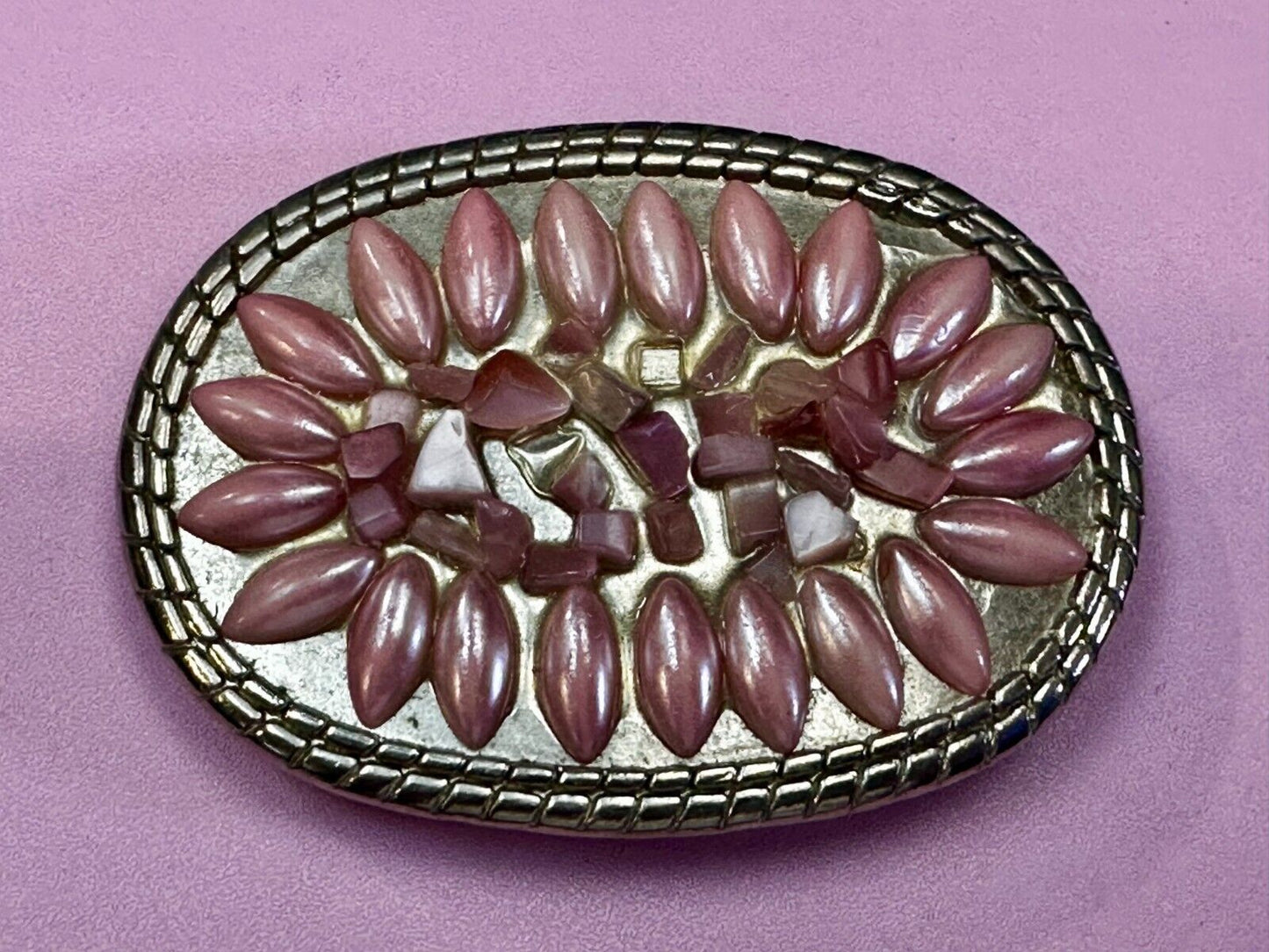 Artisan Made Pink Stones? on silver tone oval western Belt Buckle