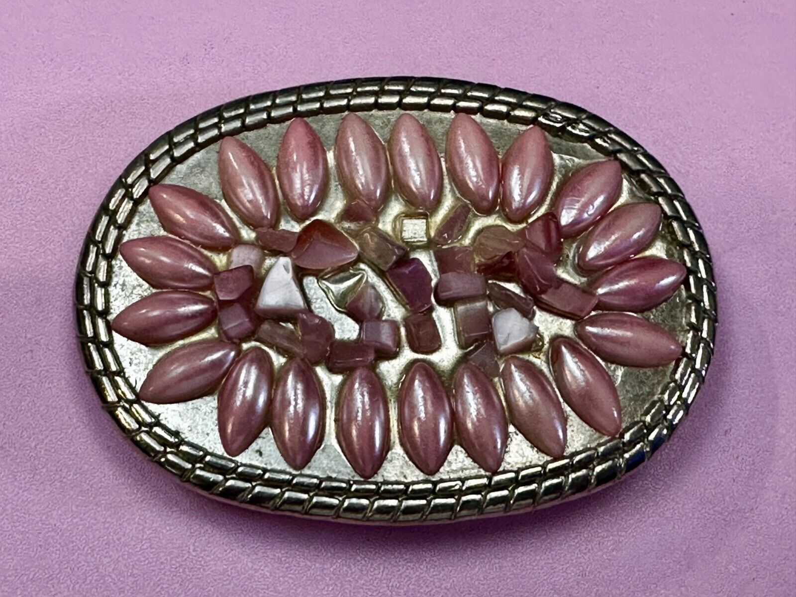 Artisan Made Pink Stones? on silver tone oval western Belt Buckle